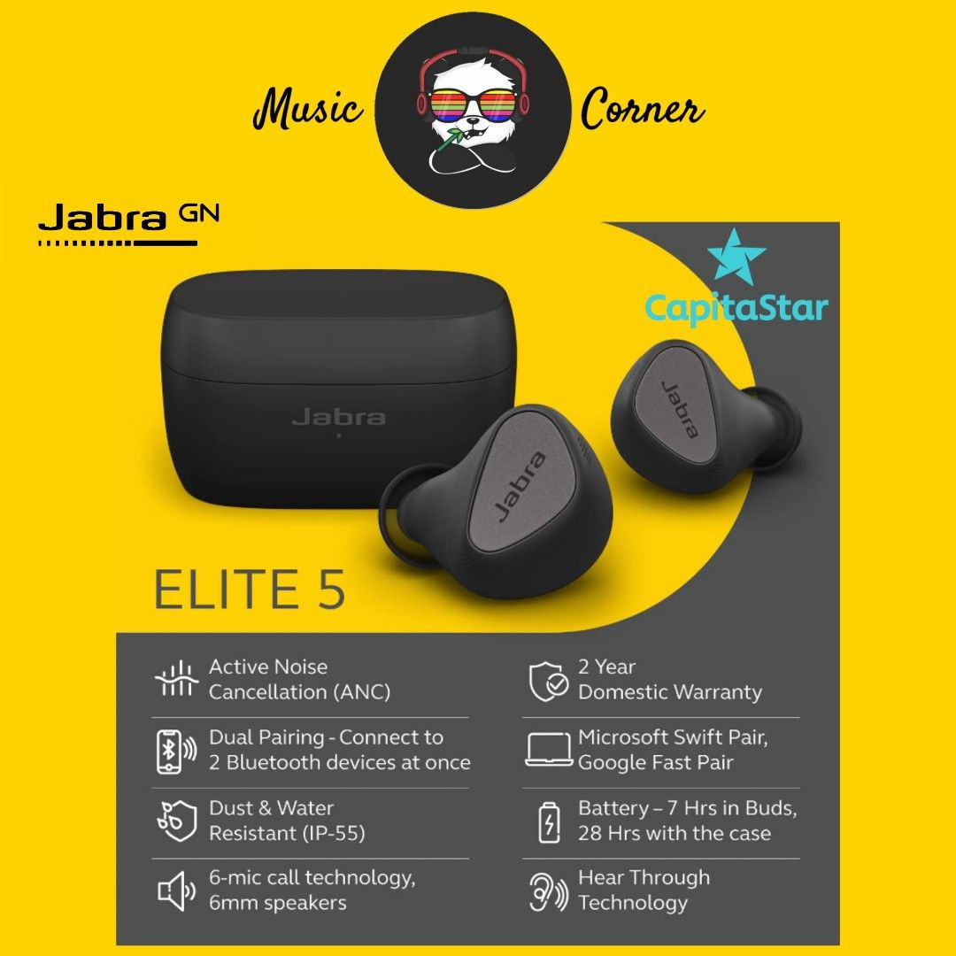 Jabra Elite 5 Bluetooth Headsets with ANC, Multipoint, 6-mic call