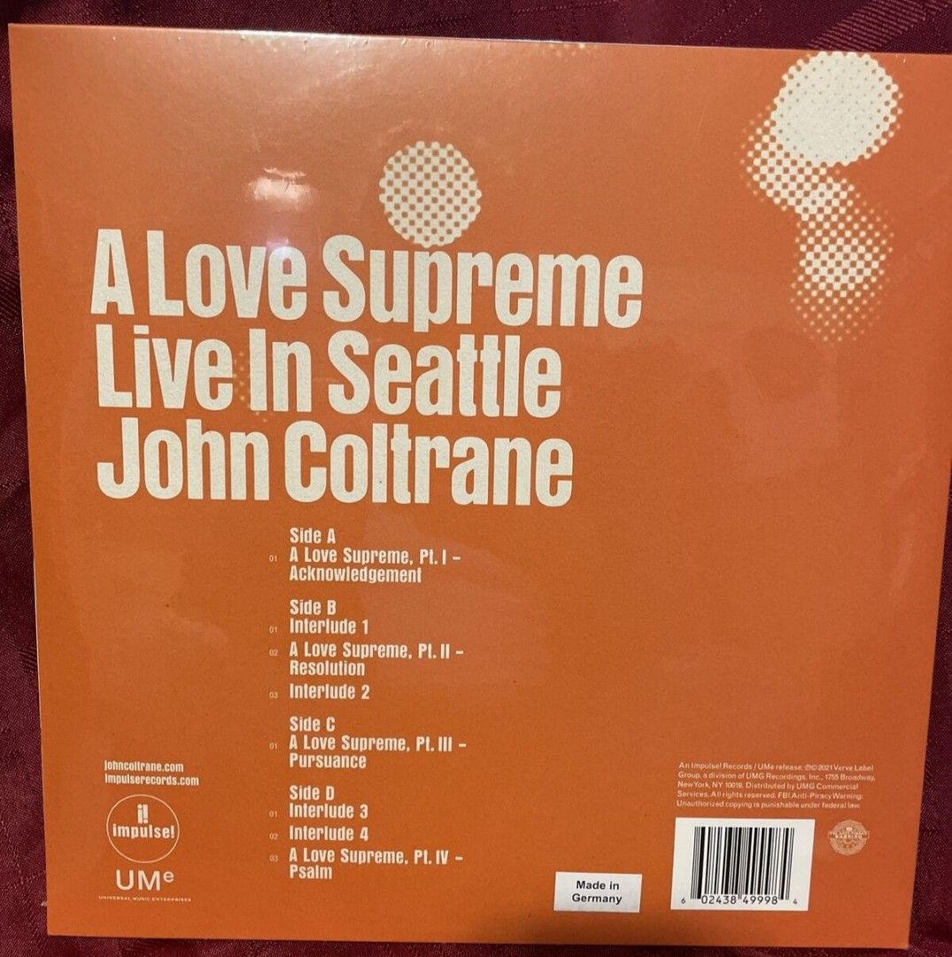 John Coltrane vinyl (album) (Category: Vinyls) located in Manila. Submitted by ramonrobin.cruz (Listing ID 1263245862, Image 2). Description: JOHN COLTRANE: A LOVE SUPREME LIVE IN SEATTLE = ₱5,500 Brand New sealed made in Germany JOHN COLTRANE : A LOVE SUPREME (WALMART EXCLUSIVE) = ₱3,750 Brand New sealed made in Canada JOHN COLTRANE : A LOVE SUPREME (TARGET EXCLUSIVE) = ₱3,750 JOHN COLTRANE & DON CHERRY AVANT GARDE (YELLOW VINYL) = ₱3,750 Brand 