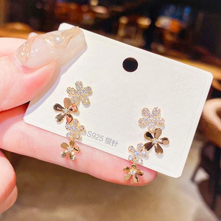 Korean Inspired Floral Earrings S925 Silver 14K Real Gold Plated