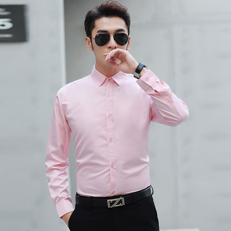 Pink Shirt Men Button Up Smart Long Sleeve Shirts Korean Style Can Wear with Plain Casual Formal Office Shirt Pink Colour Color Business