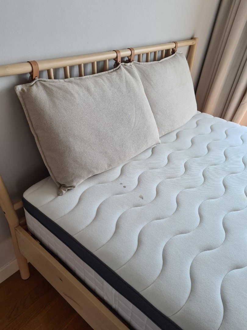 Queen size wooden Ikea bed "Bjorksnas" with mattress, Furniture & Home