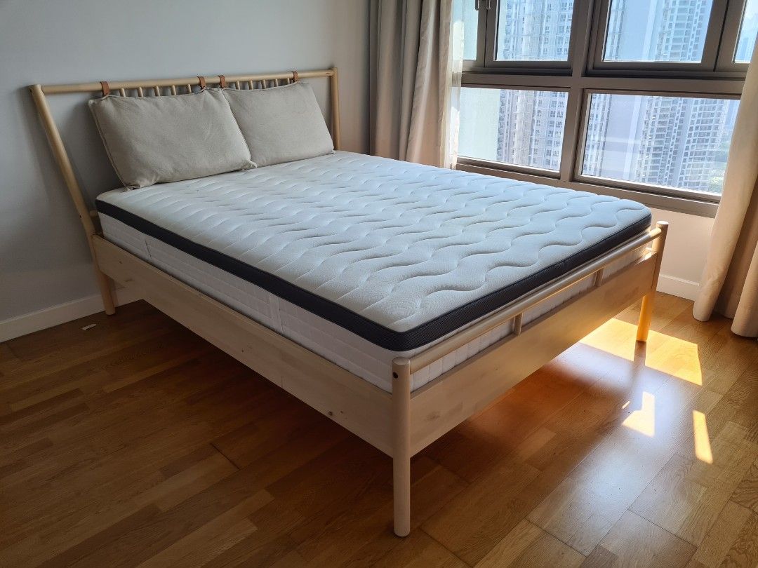 Queen size wooden Ikea bed "Bjorksnas" with mattress, Furniture & Home
