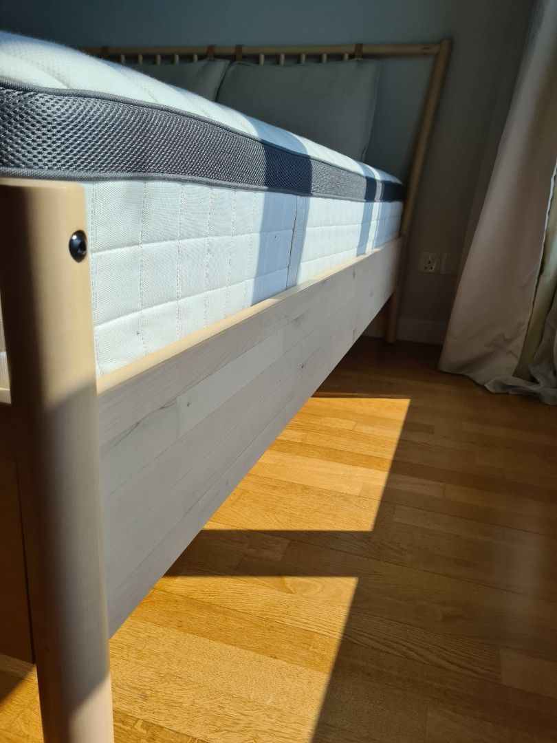 Queen size wooden Ikea bed "Bjorksnas" with mattress, Furniture & Home