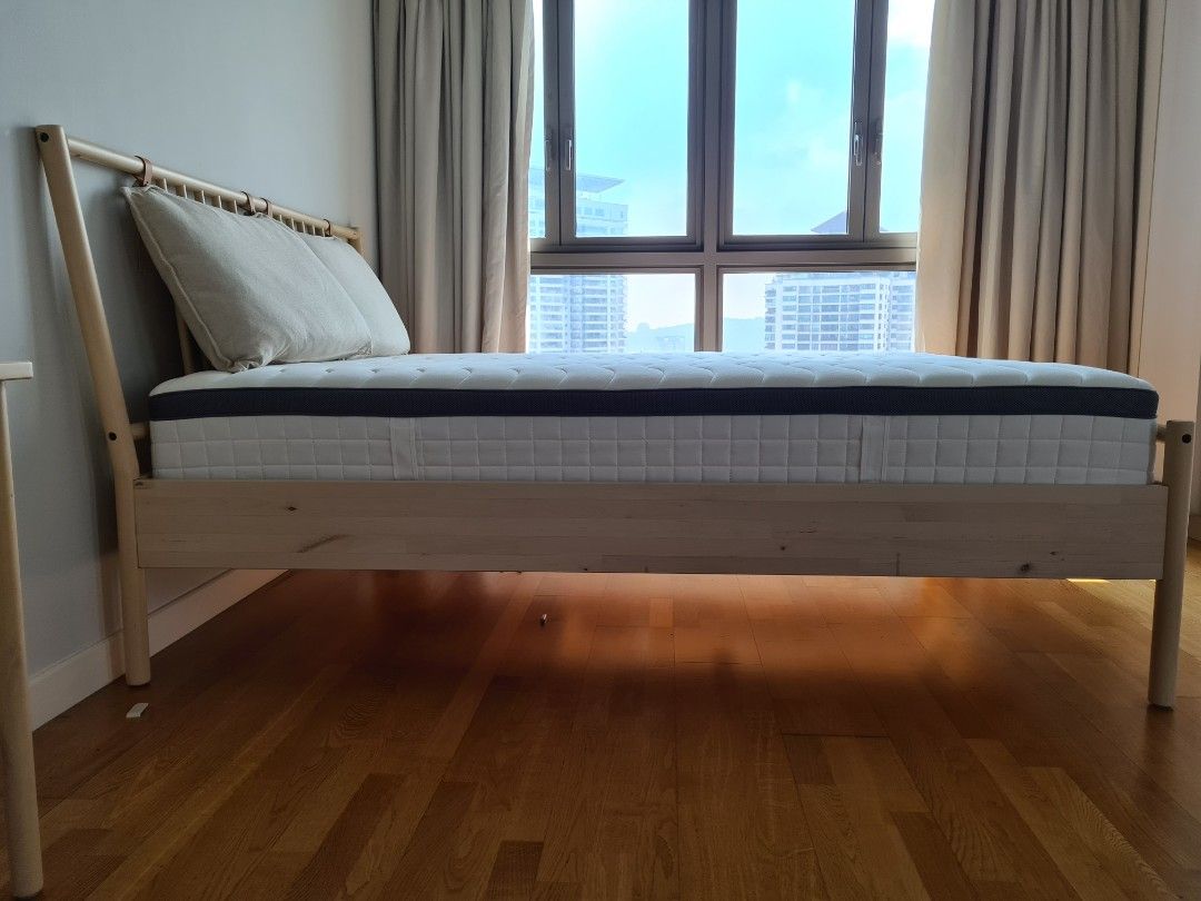Queen size wooden Ikea bed "Bjorksnas" with mattress, Furniture & Home