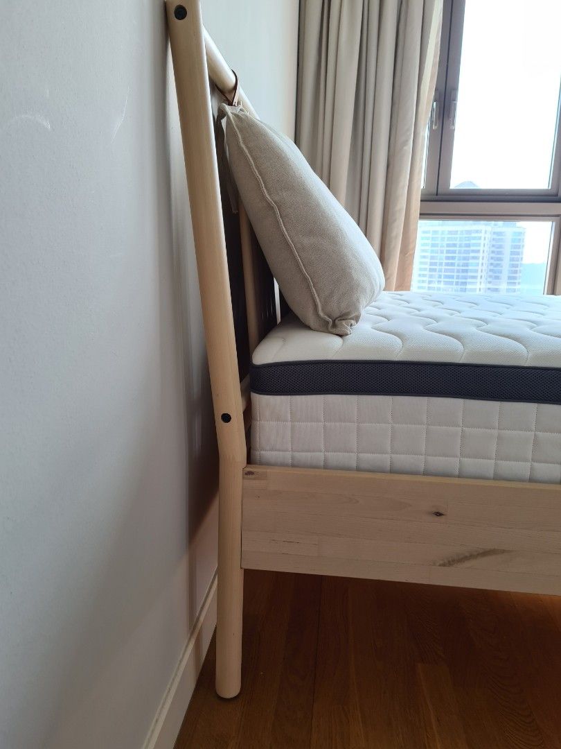 Queen size wooden Ikea bed "Bjorksnas" with mattress, Furniture & Home