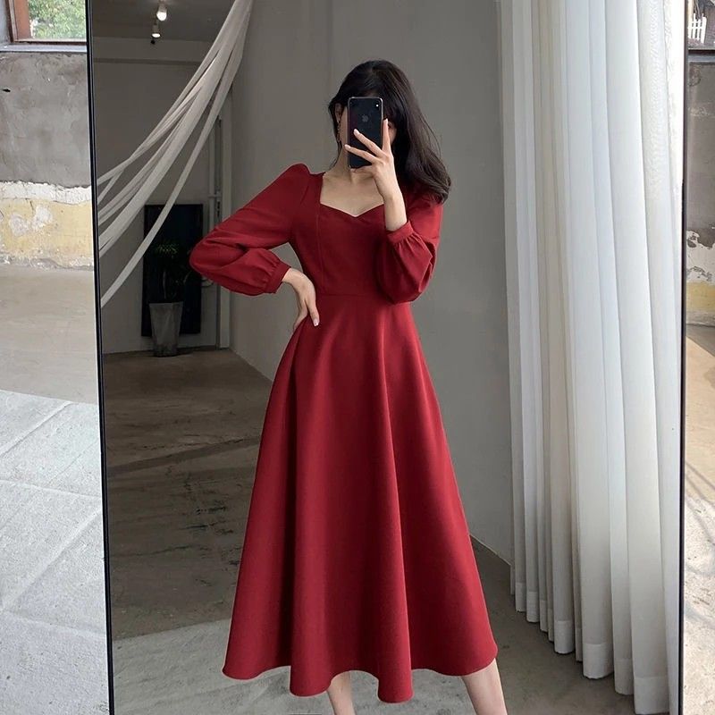 Red long sleeve v neck dress outlet