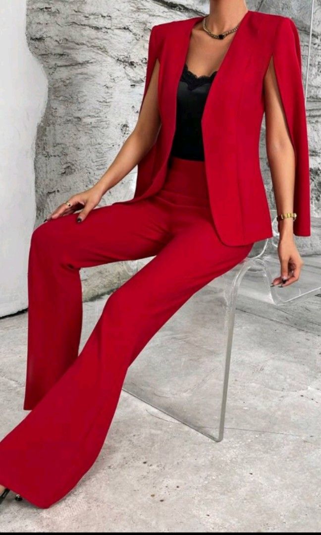 Red SHEIN Priv Cloak Sleeve Open Front Blazer Flare Leg Pants