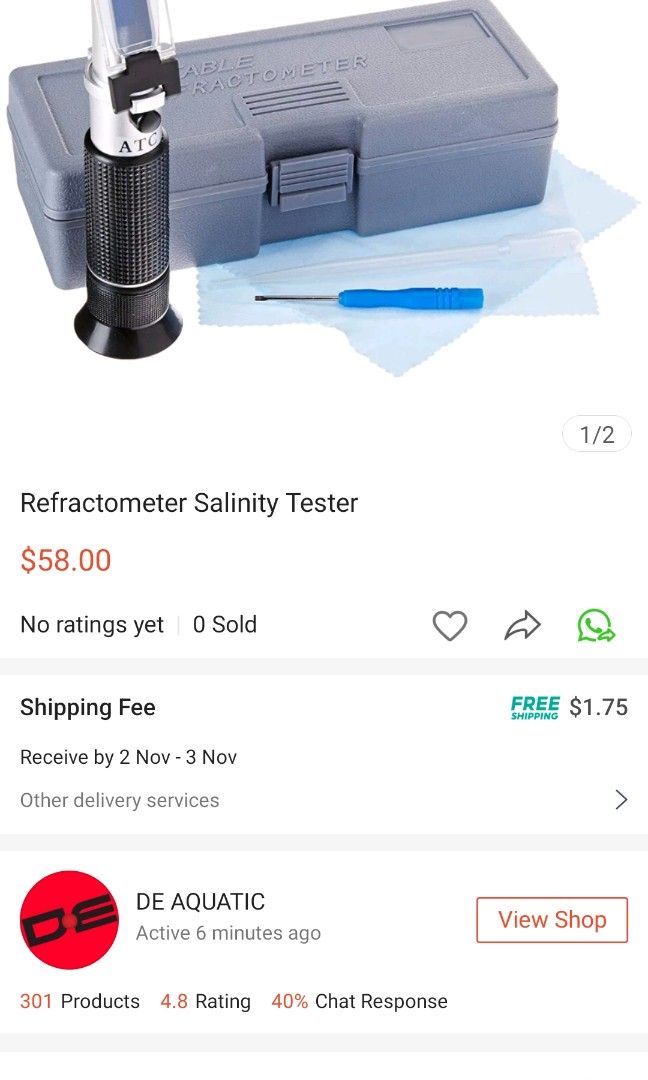 Refractometer salinity test (Category: Medical Supplies & Tools) located in Singapore. Submitted by babyhahayo (Listing ID 1263213250, Image 3). Description: Product description Material: metal + plastic Measuring range: 0-80%. Minimum unit: 1% Accuracy: 1% Reference temperature 20C Accessories: 1 *Measuring instrument,1 * pipette, 1 * cleaning cloth, 1 * screwdriver Note: 1.Accurate measurement based on good calibration, please calibrate the ref