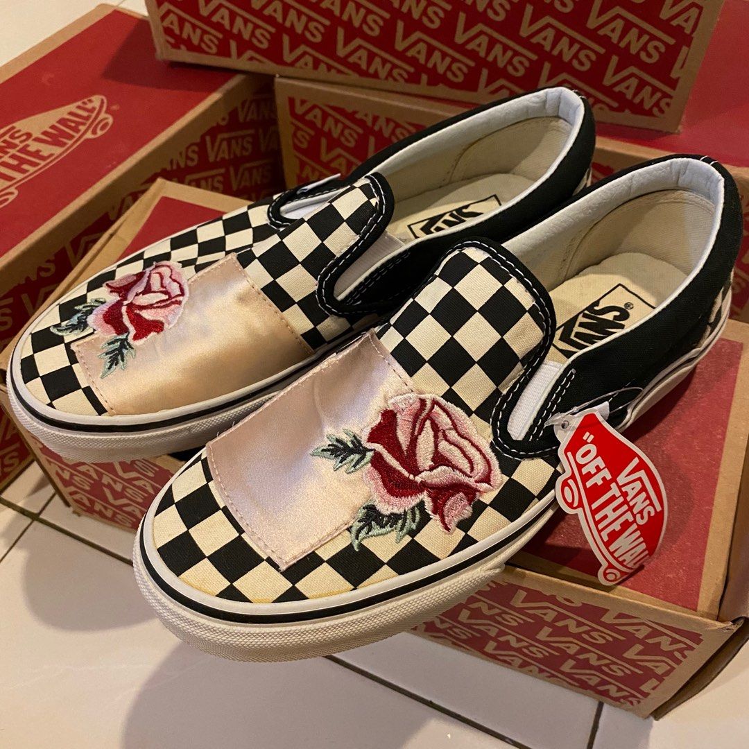 Satin patchwork slip on vans clearance