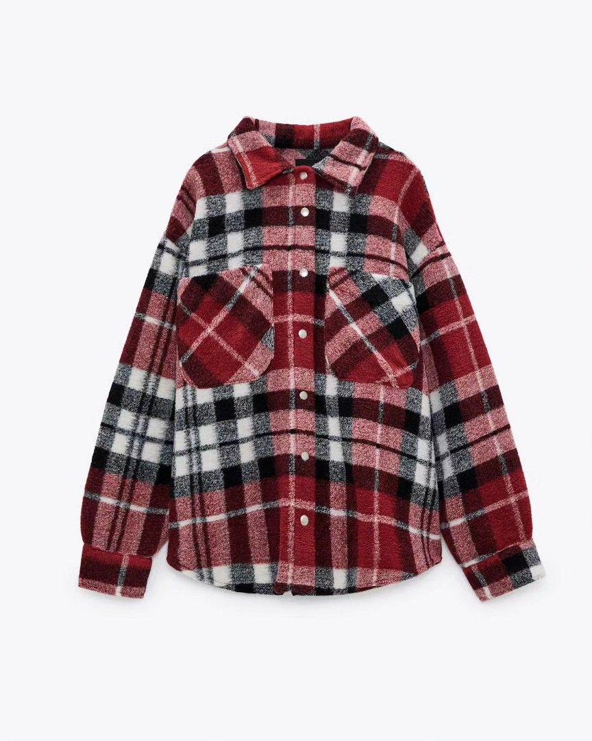 Zara checked flannel wool fur shirt top, Fesyen Wanita, Pakaian