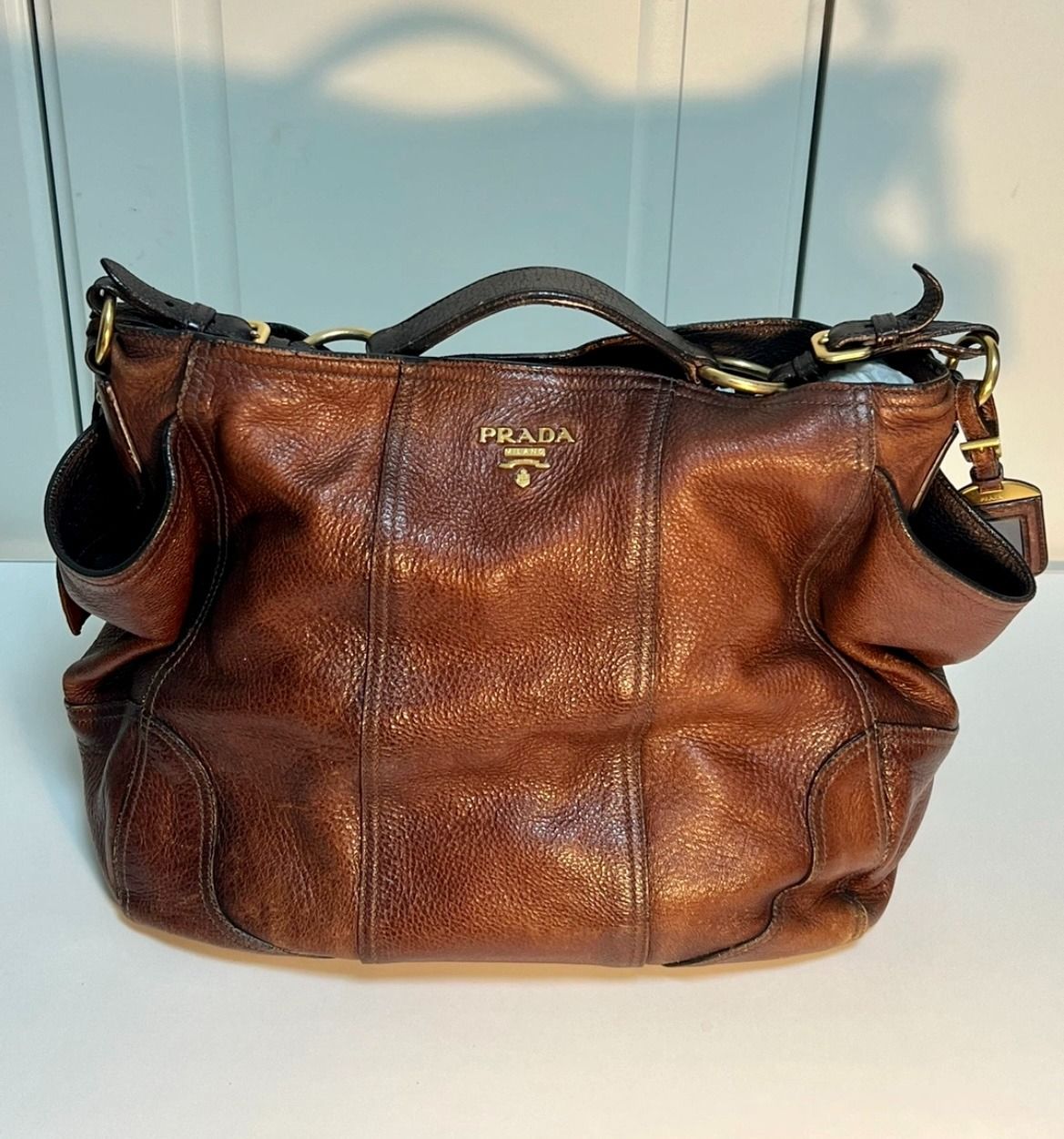 brown leather prada shoulder bag