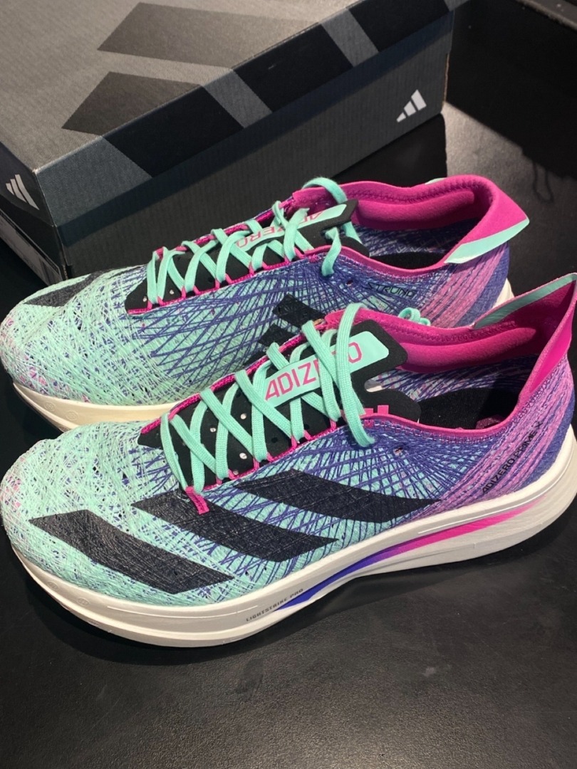 adidas Adizero Prime X Strung 跑步鞋男女同款綠紫紅, 男裝, 鞋, 波鞋