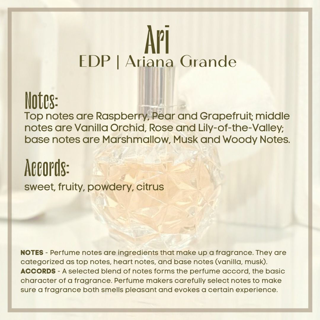 Ariana Grande Discovery Set (Category: Fragrance & Deodorants) located in Makati City. Submitted by prettylittlevials (Listing ID 1264870642, Image 3). Description: All items are guaranteed authentic. This Set comes with: 1ml Ariana Grande Cloud EDP 1ml Ariana Grande Thank U, Next EDP 1ml Ariana Grande Mod Blush EDP 1ml Ariana Grande Mod Vanilla EDP 1ml Ariana Grande Ari EDP Fragrance notes and accords are in the photos .