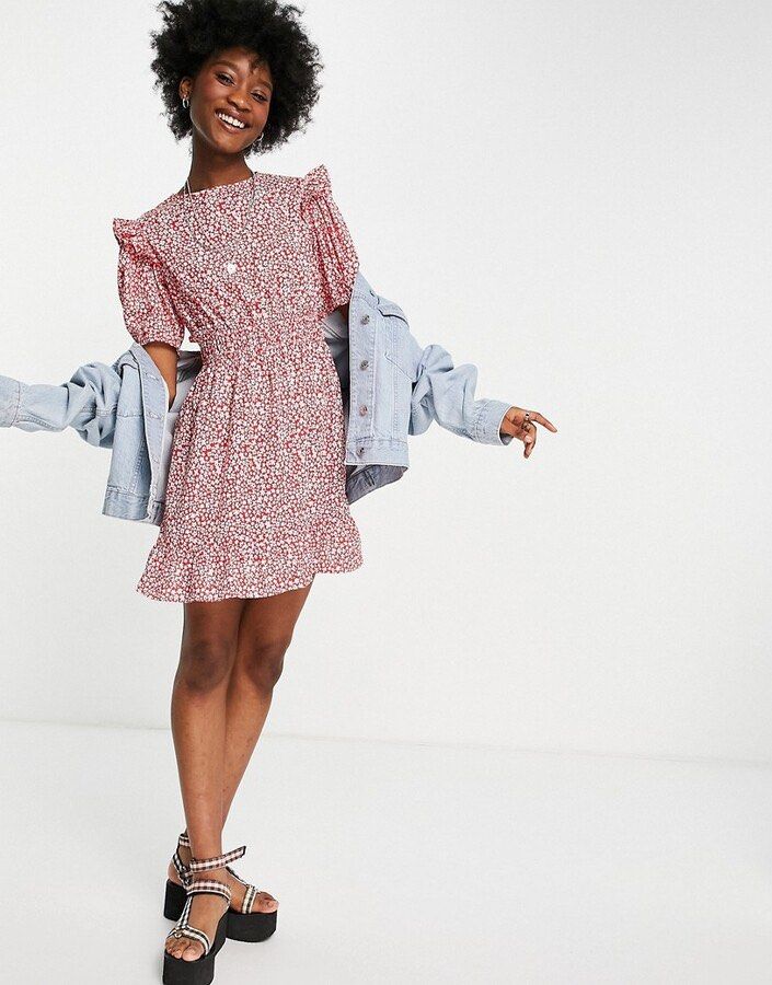 ASOS Influence frill front mini dress in red ditsy floral Women s Fashion Dresses Sets Dresses on Carousell