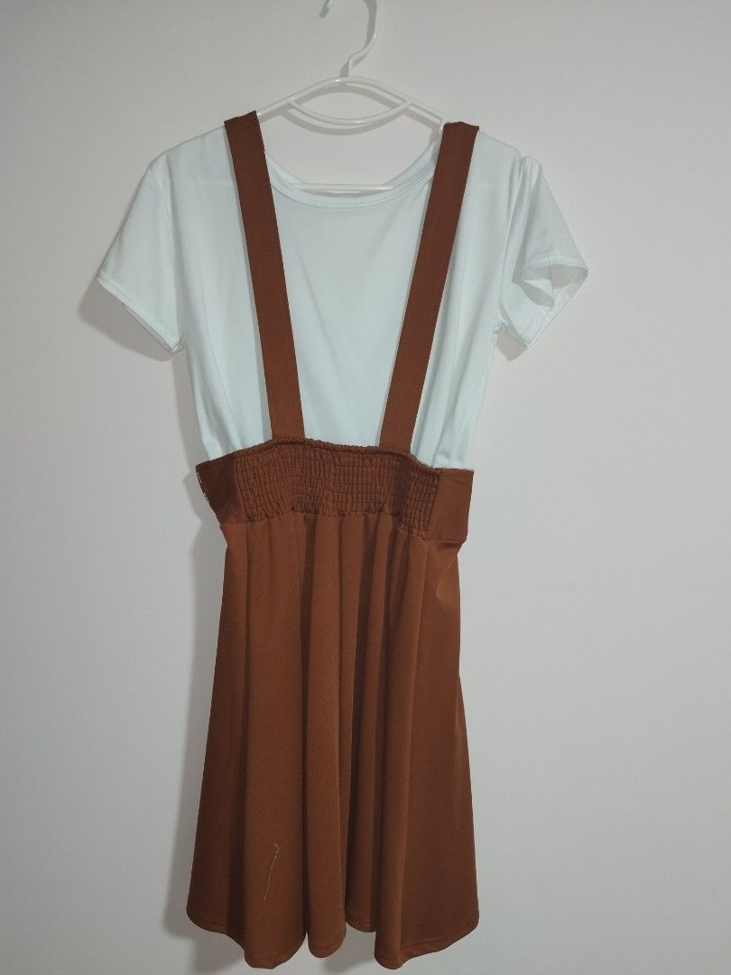 brown skirt overalls with white shirt Women s Fashion Dresses
