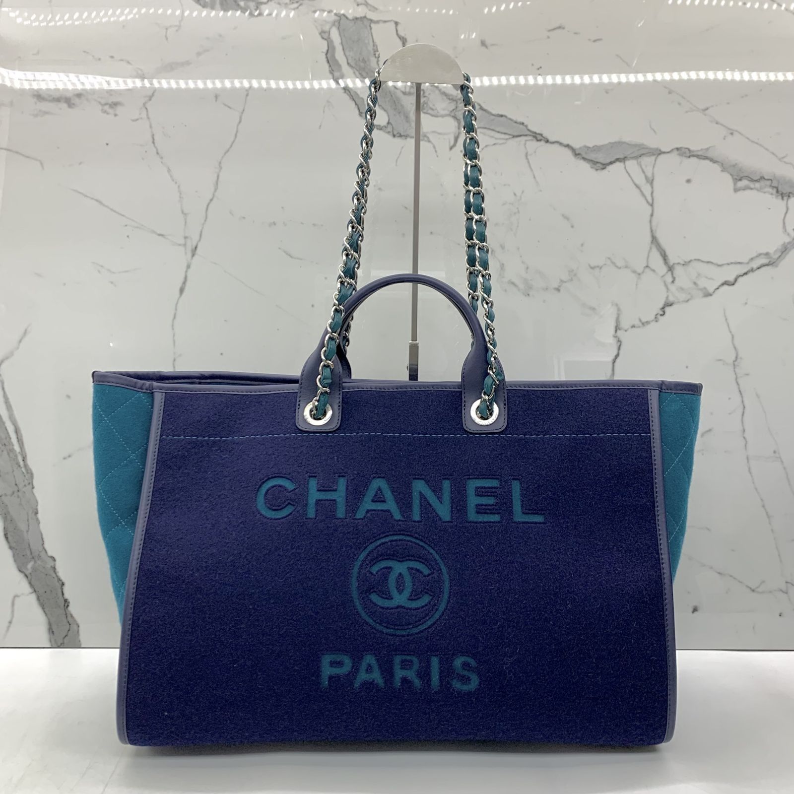 Chanel Navy Canvas Small Deauville Tote Pale Gold Hardware, 2020 (Very Good), Blue Womens Handbag