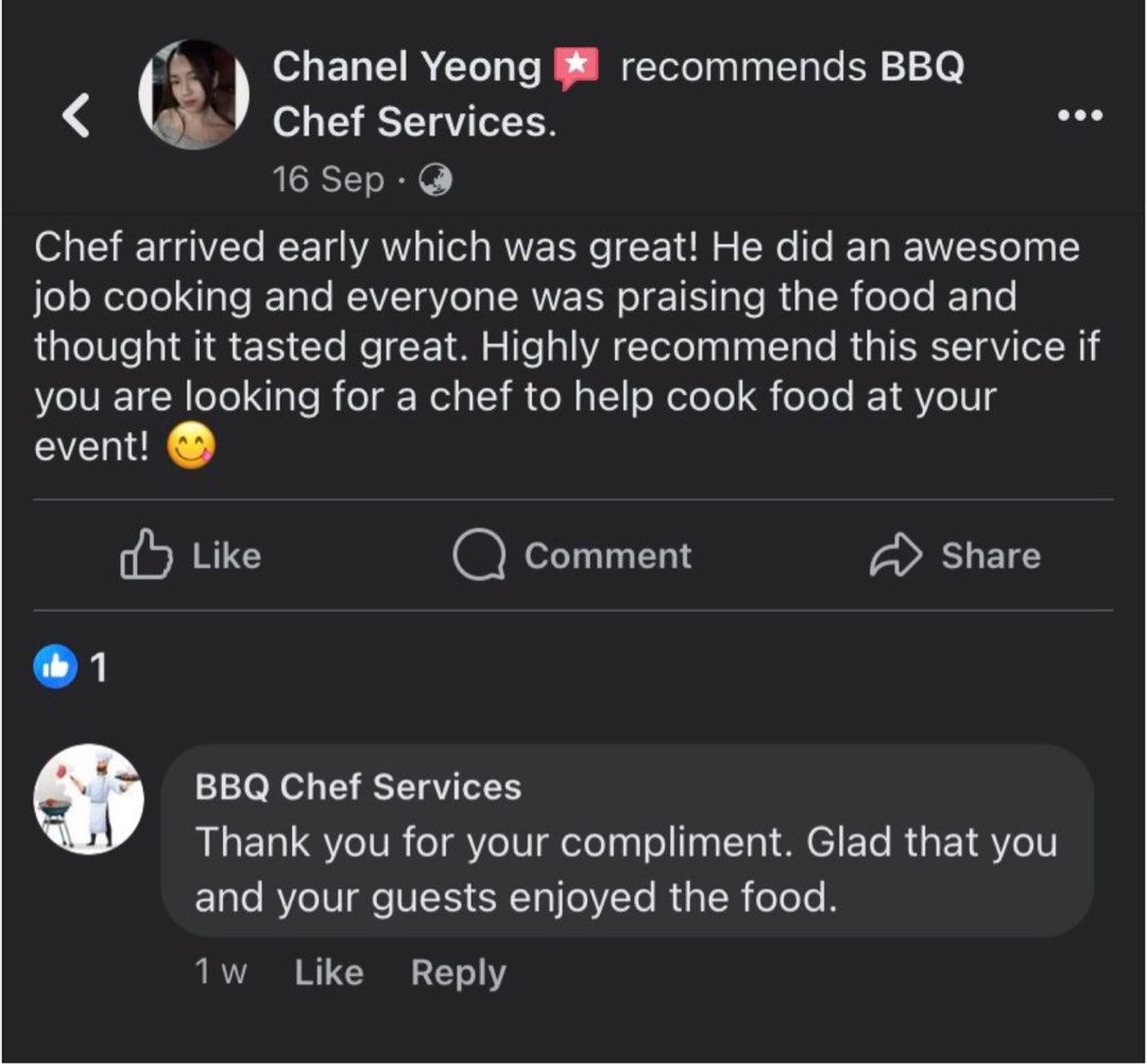 Experienced BBQ Chef Services (Category: Event & Party Services) located in Singapore. Submitted by user987987 (Listing ID 1252384116, Image 2). Description: ❗️Price will be changed on 1st January 2024❗️ If you are planning a BBQ event and you need a BBQ Chef. Feeling lazy to cook or BBQing and want to spend more time with family and friends, look no further. We provide the BEST BBQ Chef Service in the market!! Affordable and experienced BBQ Serv