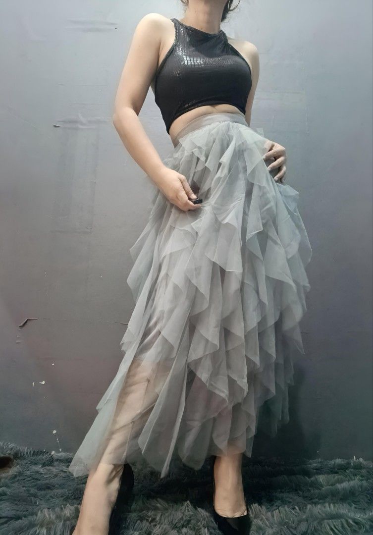 Gray High Waist Ruffle Trim Mesh Overlay Fairy Ballerina Midi Maxi Skirt