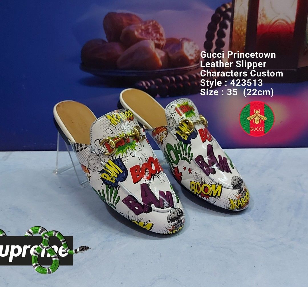 Gucci 423513 Princetown Flats Leather Characters Custom Size 35 22cm
