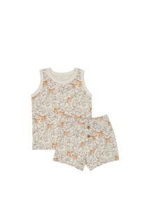Jamie Kay Organic Cotton Summer Pyjama Set - Deer Berries Egret toddler unisex boy girl Christmas woodland animal leaves white singlet shorts agreenerwood agw