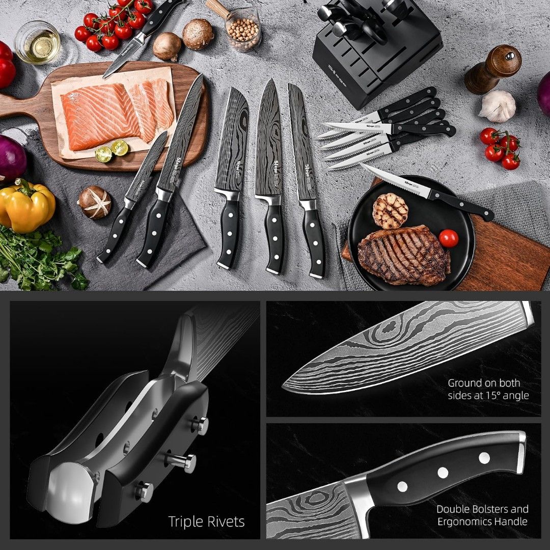 Knife Set, Slege 16-Pieces Kitchen Knife Set with Block, Stainless Steel  Kitchen Knives with Sharpener, Kitchen Shears and Carving Fork, Black