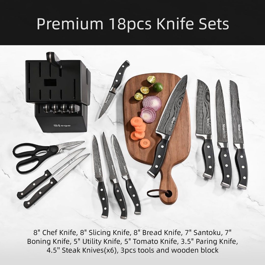 Knife Set, Slege 16-Pieces Kitchen Knife Set with Block, Stainless Steel  Kitchen Knives with Sharpener, Kitchen Shears and Carving Fork, Black