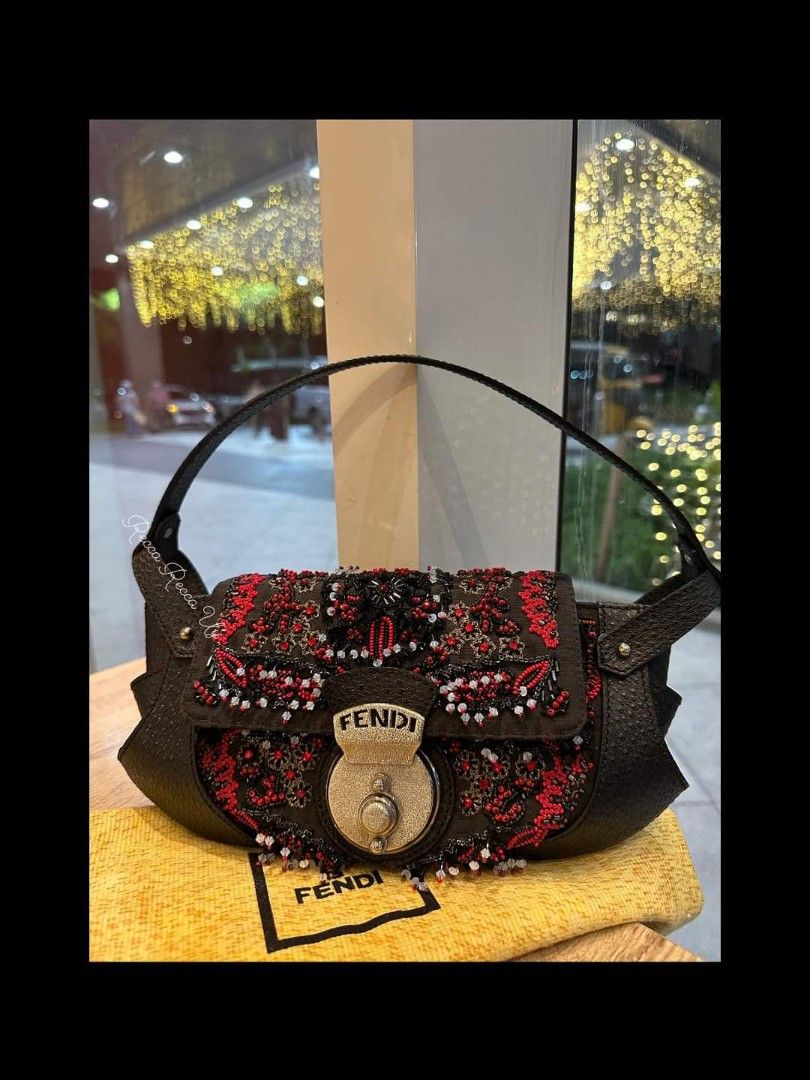 LIMITED EDITION Fendi Black Zucchino Canvas and Leather Beaded Compilation Shoulder Bag