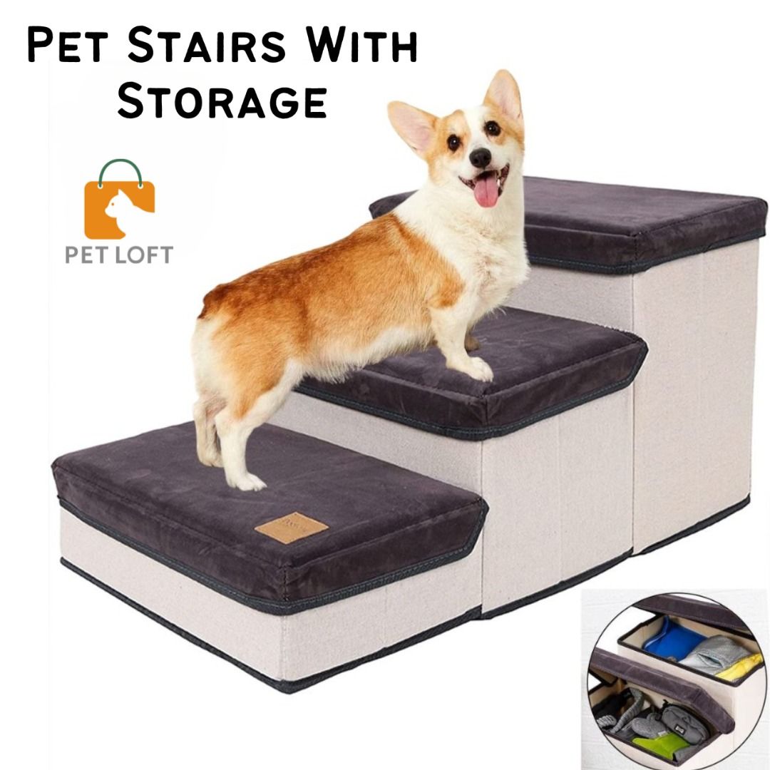 Pet Dog Stairs With Storage Foldable Dog Stairs 3 Tiers Pet Steps