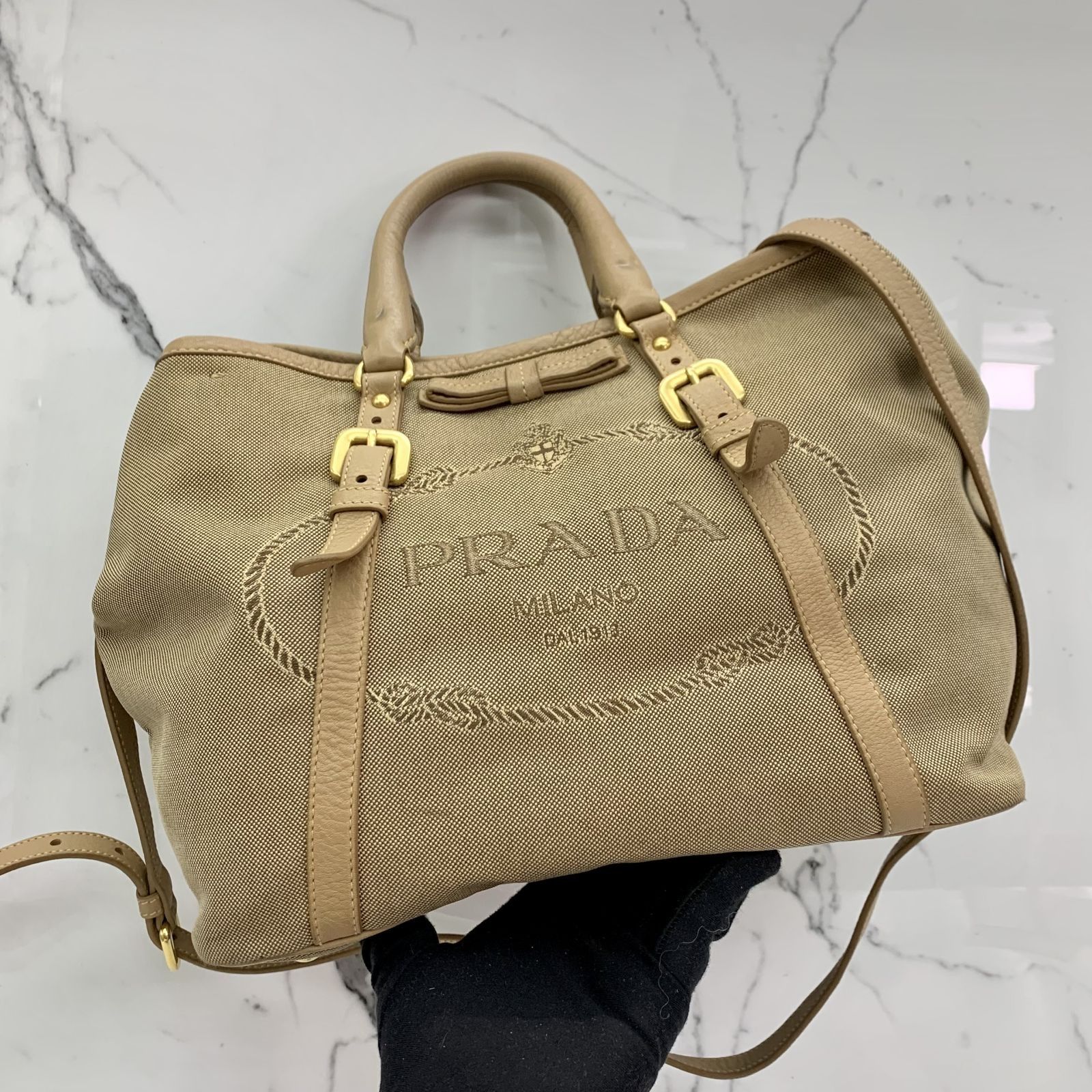 PRADA JACQUARD CANVAS 2WAY SHOULDER BAG 237036680 EK, Luxury, Bags 
