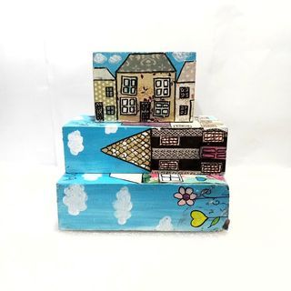 Set of 3 woodblocks with real painting and paper stickers take all for 275 *R23