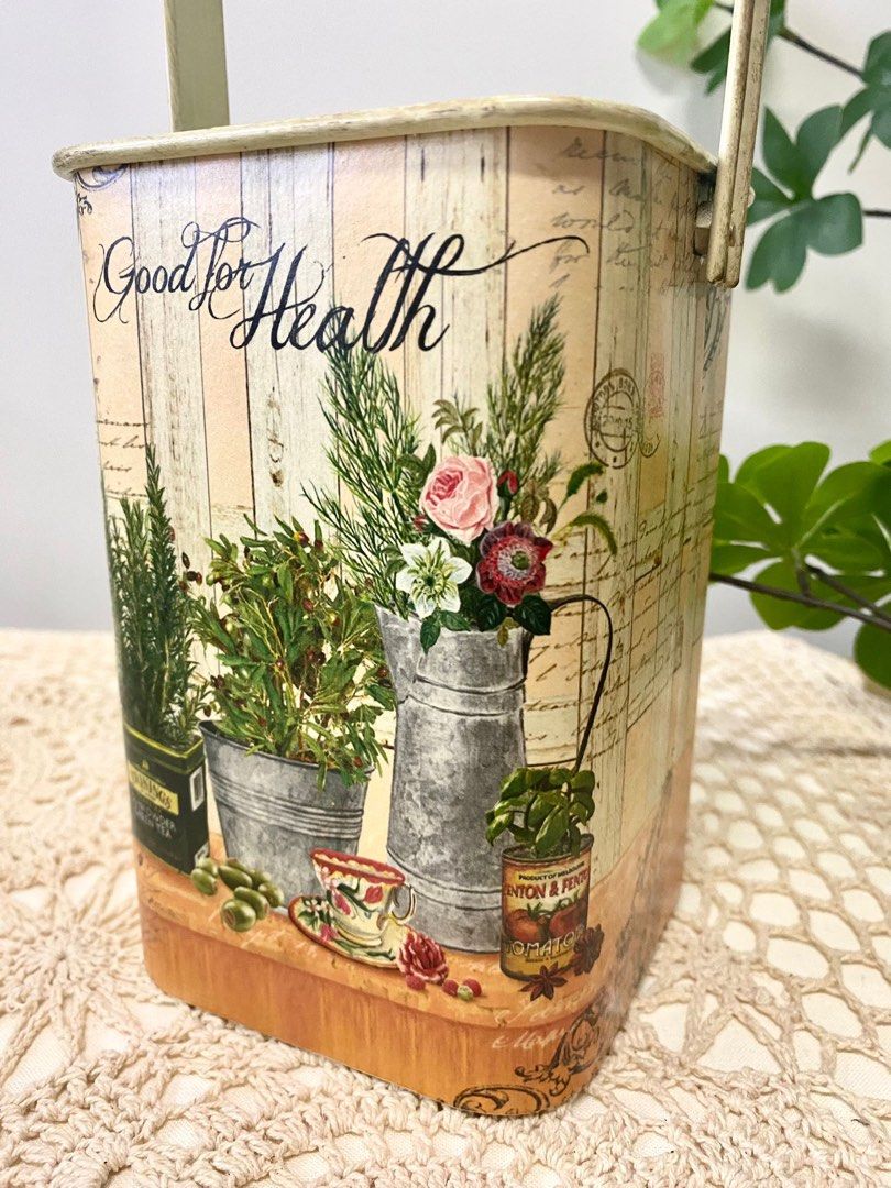 Small size decoupage container with handle, Furniture & Home Living