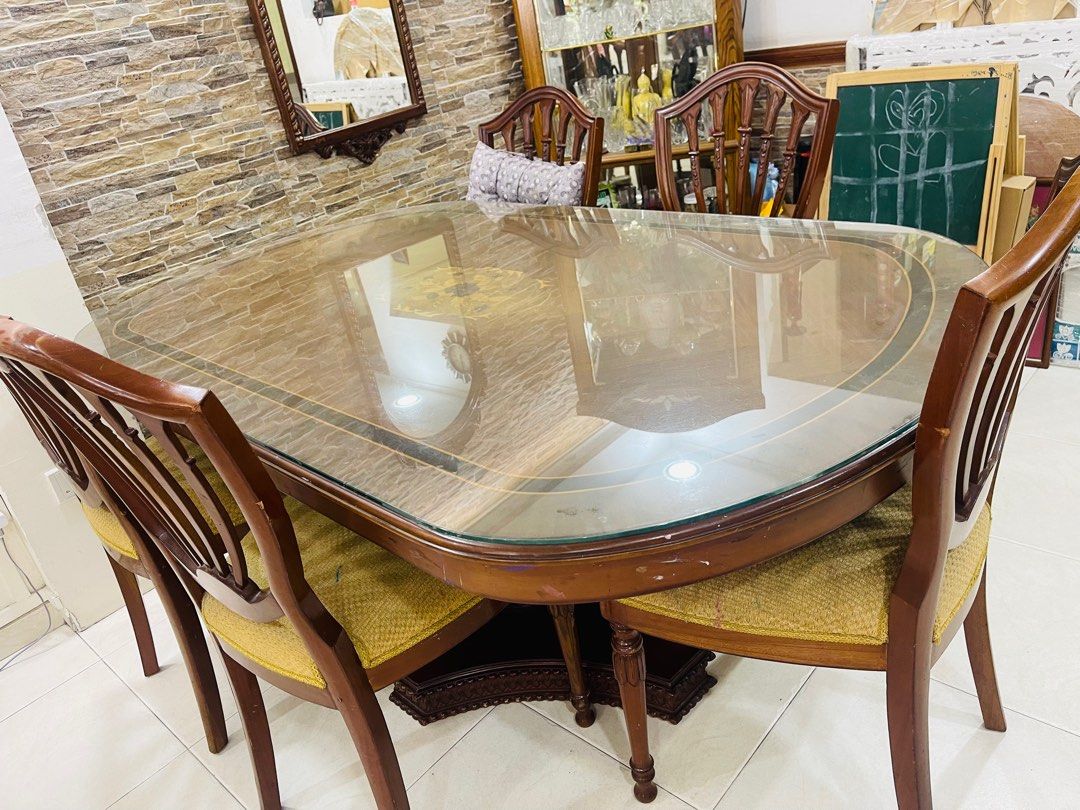 Teak wood carved dining table set deals