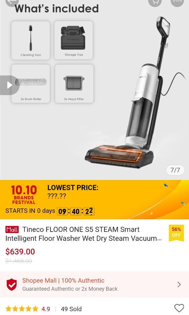 Tineco FLOOR ONE S5 STEAM Smart Intelligent Floor Washer Wet Dry Steam  Vacuum Cleaner Mop Wash Sanitize Function for $543 only on 11nov today  during 11.11 Shopee Sale via this link: shope.ee/7KX3fRJTM8