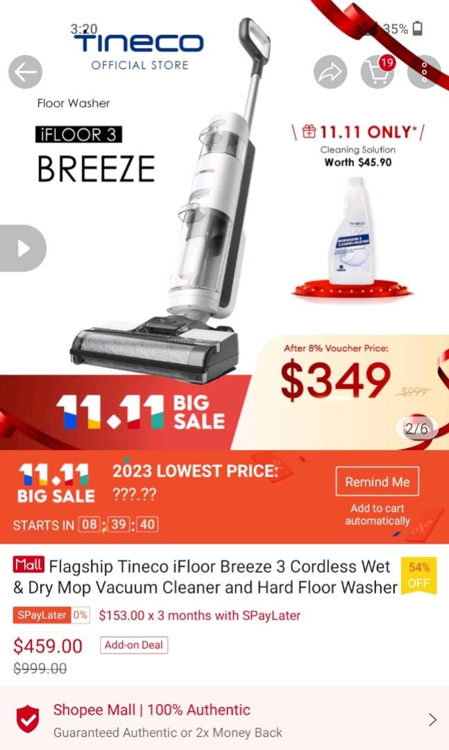 Tineco iFloor Breeze 3 Cordless Wet & Dry Mop Vacuum Cleaner and