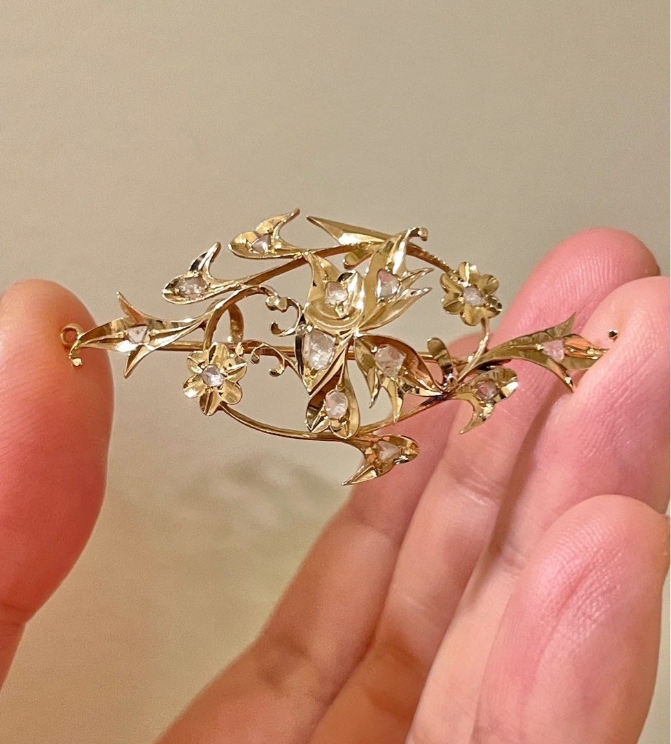 Vintage Peranakan Nonya Intan Rose Cut Diamond Kerosang Gold Brooch Pin