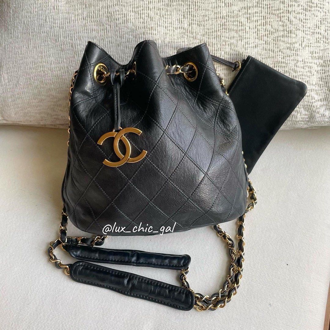 AUTHENTIC CHANEL Calfskin Mini Bucket Bag with Accessory Pouch 24k Gold  Hardware ❤️