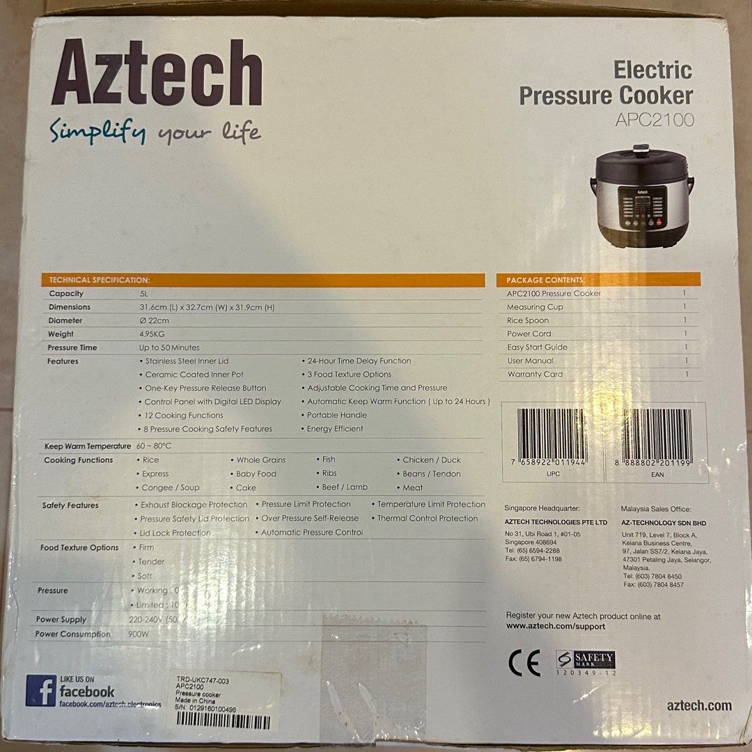 AZTECH ELECTRIC PRESSURE COOKER APC2100, TV & Home Appliances, Kitchen ...