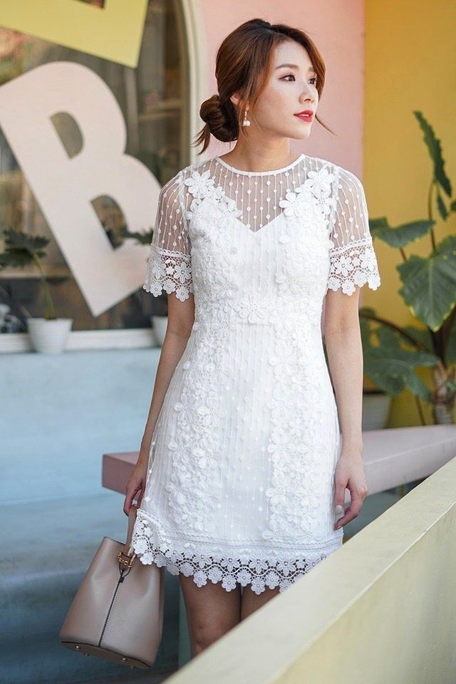 ADENA DOTTED CROCHET PANEL DRESS MONGXLOVET WHITE Women s