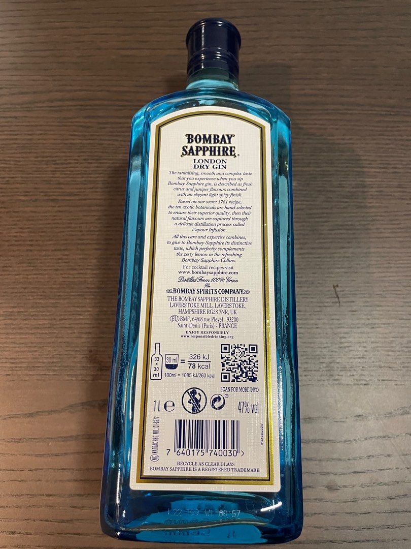 Bombay Sapphire Gin 1 Litre, Food & Drinks, Alcoholic Beverages on