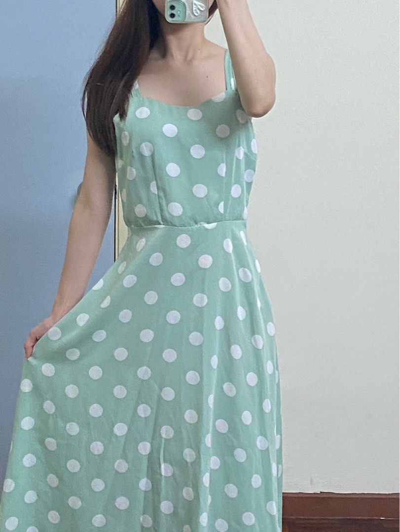 Brand new light green polka dot sleeveless dress, Women's Fashion, Dresses  & Sets, Dresses on Carousell