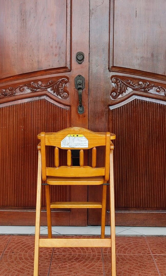 foldable wooden baby high chair Solid wood (Category: Baby High Chairs) located in Valenzuela. Submitted by jmalano (Listing ID 1265095035, Image 3). Description: wooden baby high chair. condition Used in good condition with signs of usage. made with solid Wood. Natural Color. width 30cm floor to seat height 53cm. pick up location Valenzuela City.