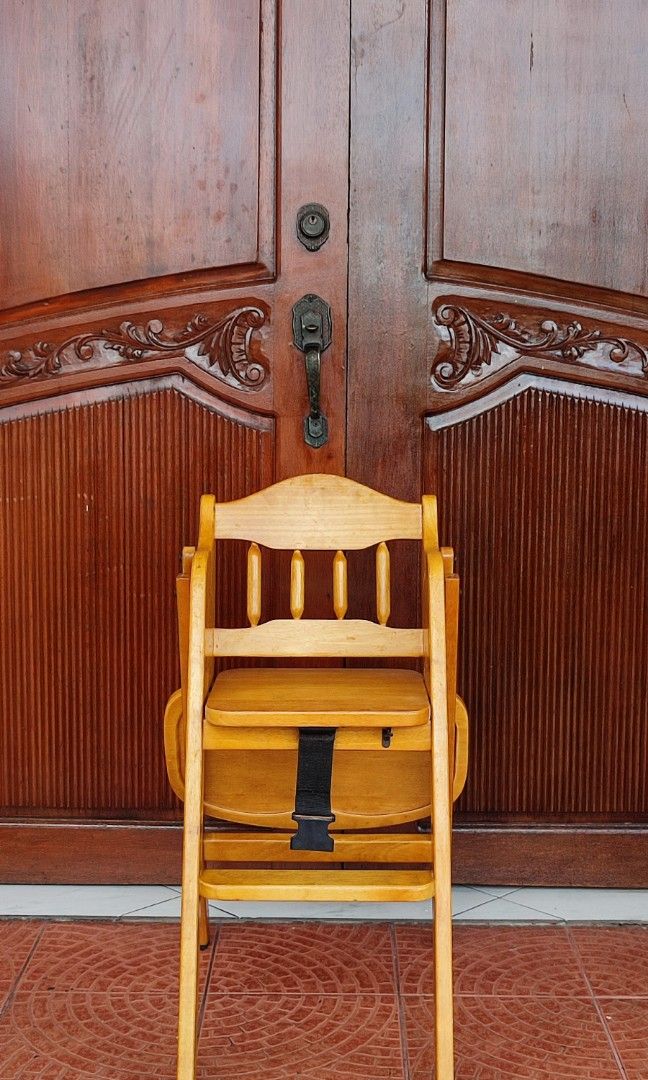foldable wooden baby high chair Solid wood (Category: Baby High Chairs) located in Valenzuela. Submitted by jmalano (Listing ID 1265095035, Image 2). Description: wooden baby high chair. condition Used in good condition with signs of usage. made with solid Wood. Natural Color. width 30cm floor to seat height 53cm. pick up location Valenzuela City.