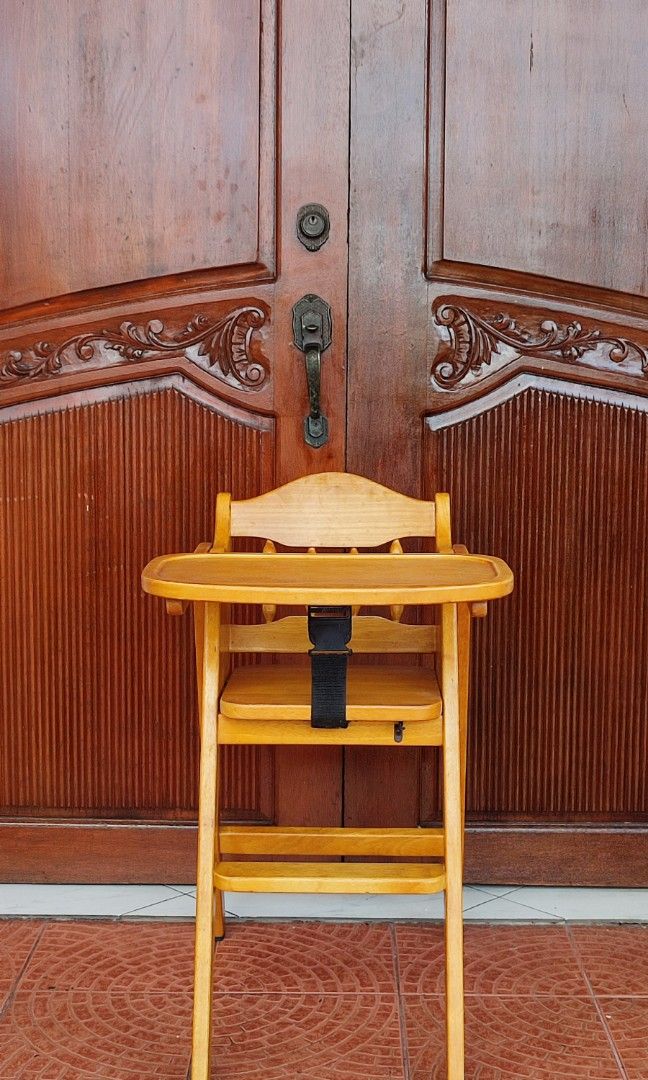 foldable wooden baby high chair Solid wood (Category: Baby High Chairs) located in Valenzuela. Submitted by jmalano (Listing ID 1265095035, Image 1). Description: wooden baby high chair. condition Used in good condition with signs of usage. made with solid Wood. Natural Color. width 30cm floor to seat height 53cm. pick up location Valenzuela City.