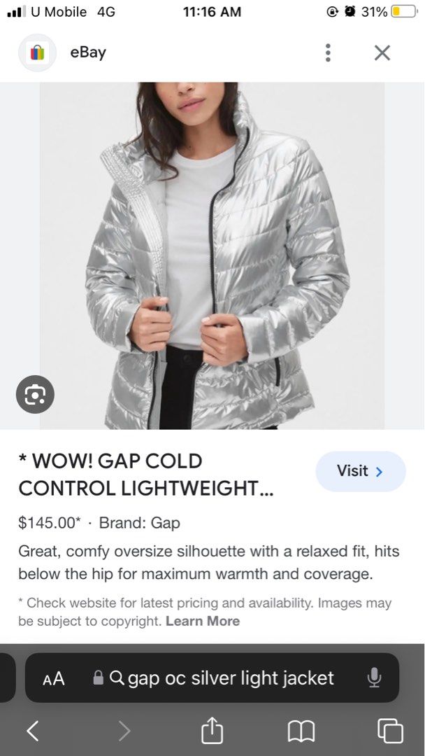 GAP PRIMALOFT Light Puffer Jacket for Ladies Silver Large
