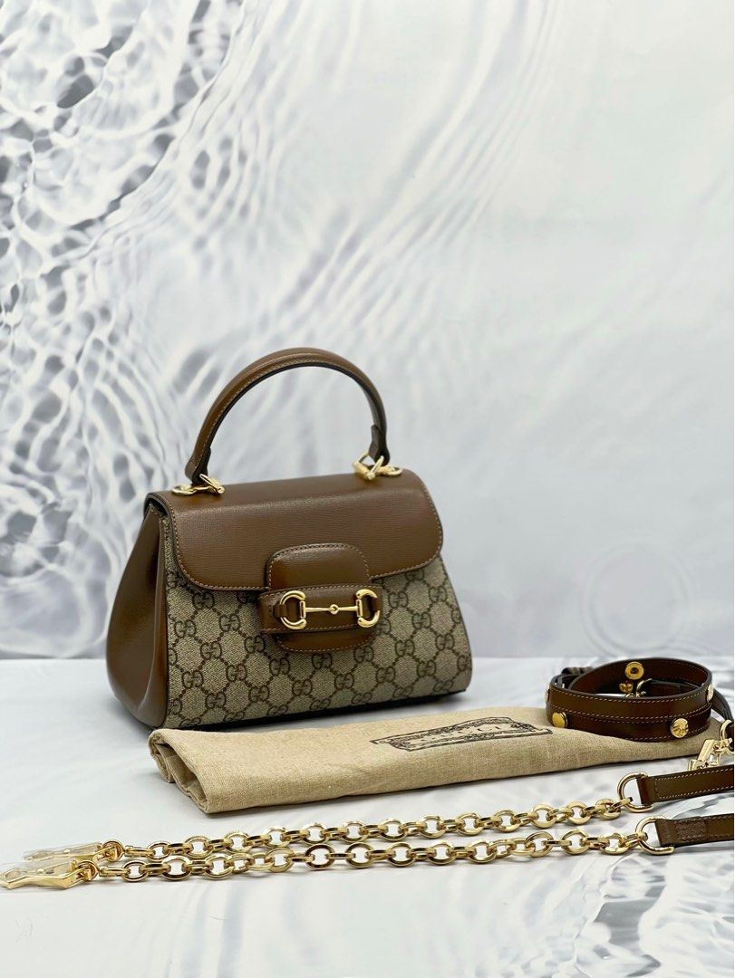 UNUSED GUCCI HORSEBIT 1995 GG CANVAS SMALL TOP HANDLE BAG WITH GOLD HARDWARE CHAIN