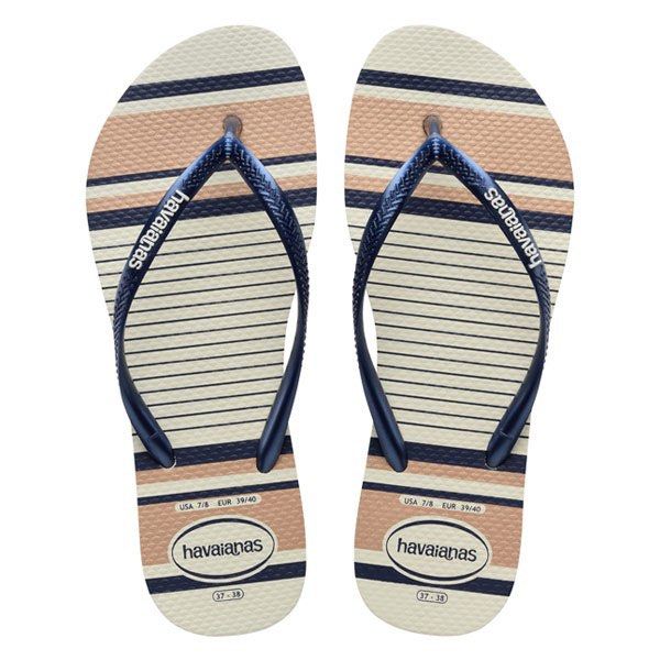 Havaianas Slim Nautical Flip Flops Slippers White Navy Blue