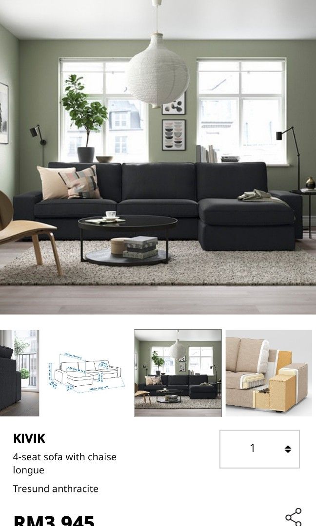 Ikea KIVIK 4 SEATER WITH CHAISE LOUNGE Furniture Home Living