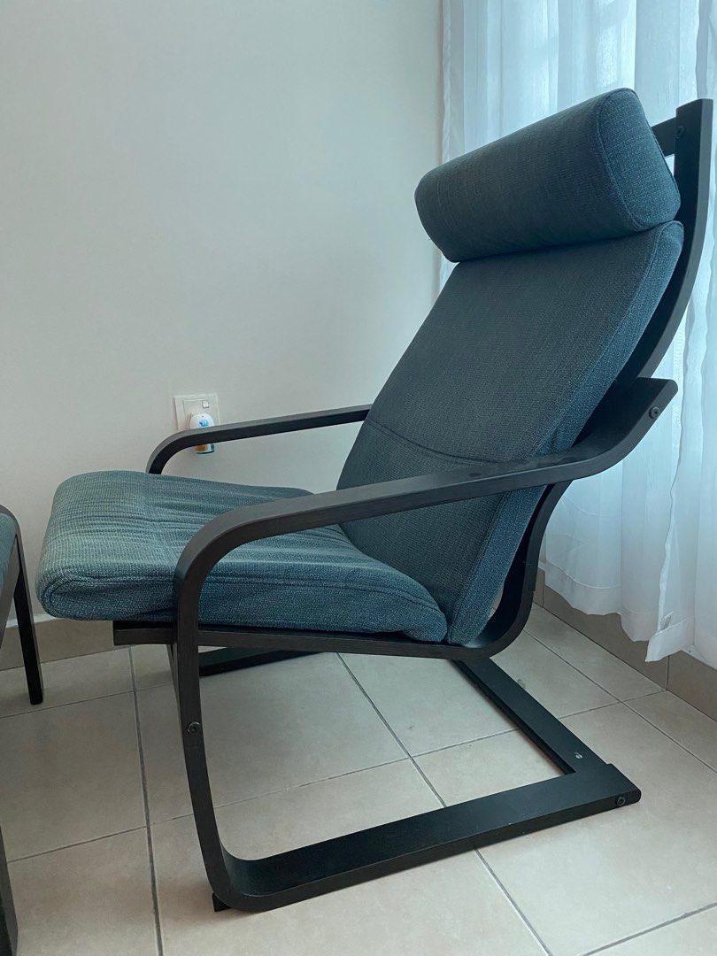 IKEA POANG Armchair and Footstool (Blackbrown/Hillared Dark Blue
