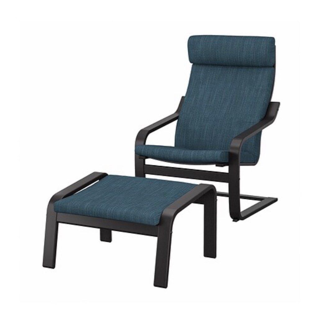 IKEA POANG Armchair and Footstool (Blackbrown/Hillared Dark Blue
