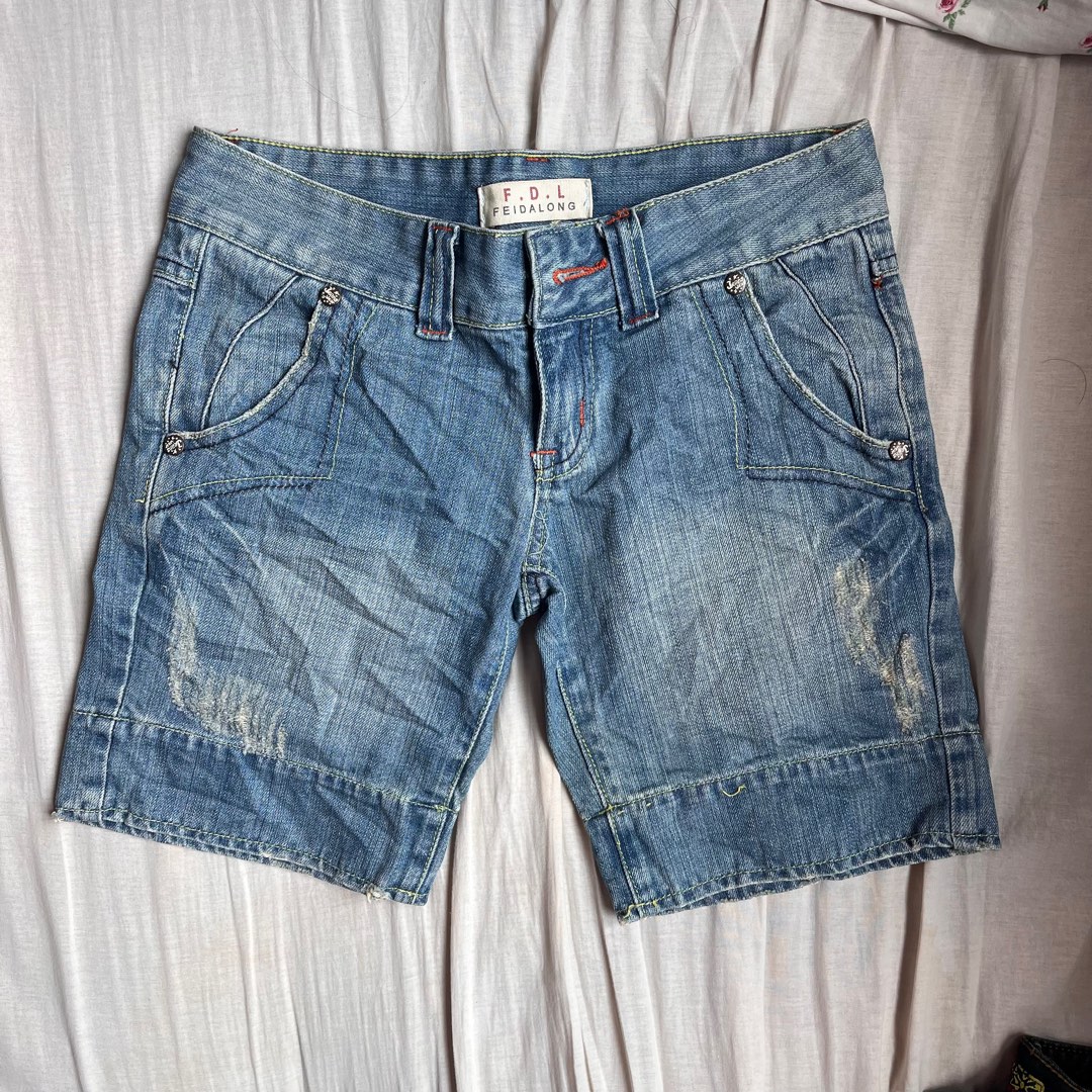 Mid Rise Denim Jogger Shorts